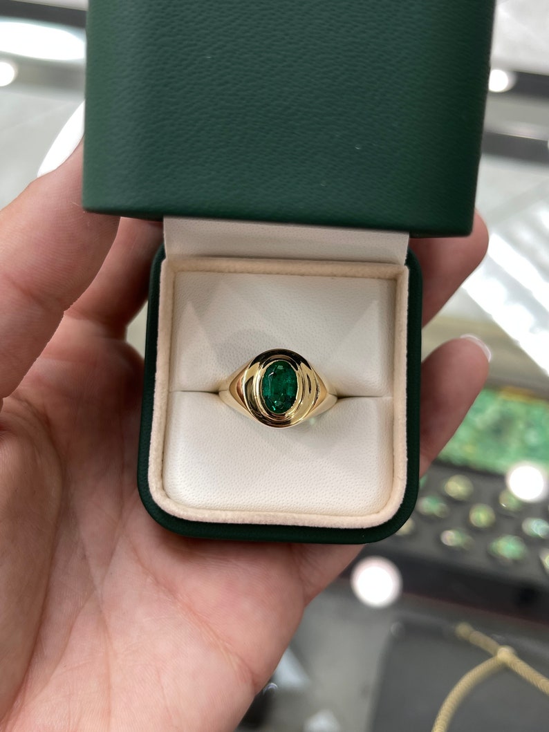 1.55ct Top AAA 18K Natural Emerald-Oval Cut Solitaire Solid Gold Men's Ring