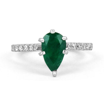 Forest Elegance: 1.08tcw 14K Natural Dark Forest Green Emerald-Pear Cut & Pave Diamond Engagement 5 Prong Ring