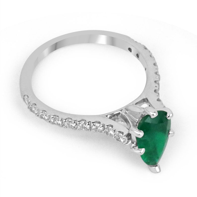 Radiant 14K Gold Ring with 1.08tcw Natural Dark Forest Green Emerald-Pear Cut & Pave Diamond - Timeless Charm