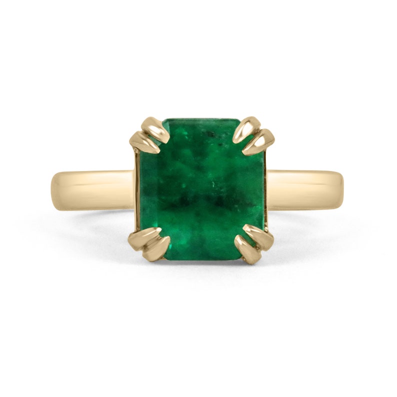 Emerald Asscher Cut Double Prong Claw Solid Yellow Gold Ring