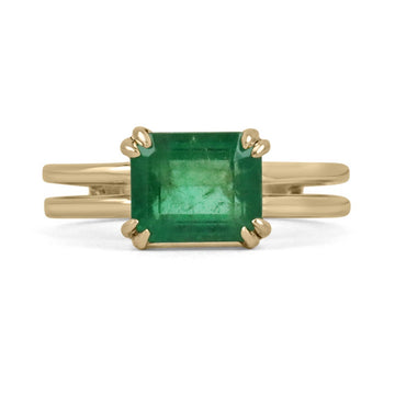 Emerald Cut Medium Yellowish-Green Double Claw Prong Solitaire Gold Split Shank Ring