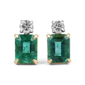 AAA Natural Emerald-Cut & Round Diamond Vivid Sea Deep Bluish-Green Stud Two Toned Earrings