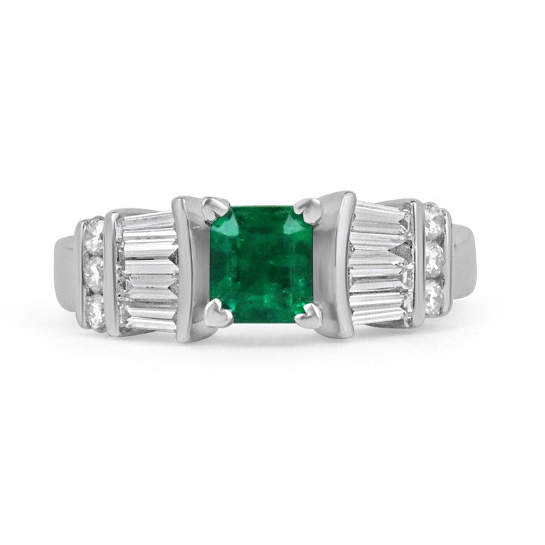 Vivid Dark Green Emerald-Asscher Cut & Diamond Accent Platinum Engagement Ring