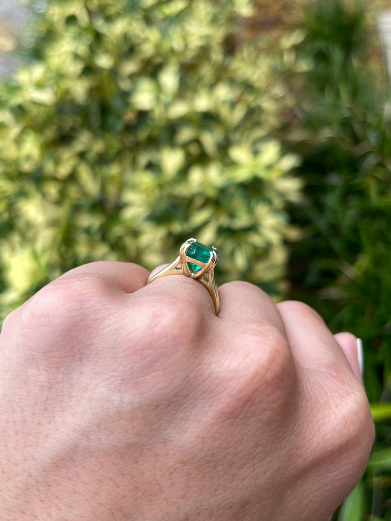 3.24ct AAA+ 18K Vivid Dark Rich Green Emerald Asscher Cut Double Prong Claw Solid Yellow Gold Ring - JR Colombian Emeralds