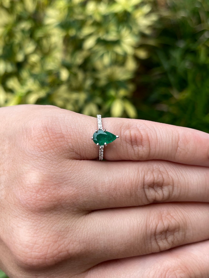 Eternal Radiance: 14K Gold Ring with 1.08tcw Natural Dark Forest Green Emerald-Pear Cut & Pave Diamond - A Timeless Beauty