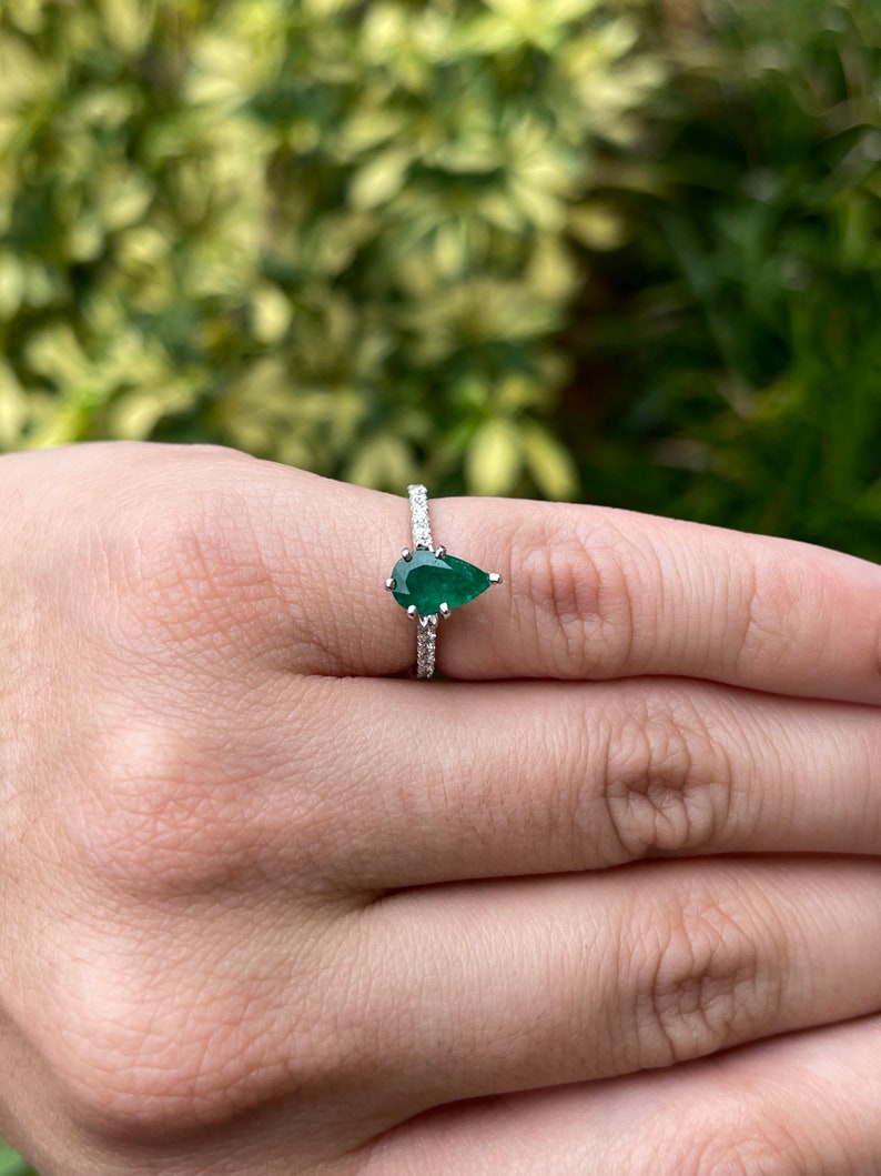 1.08tcw 14K Natural Dark Forest Green Emerald-Pear Cut & Pave Diamond Engagement 5 Prong Ring