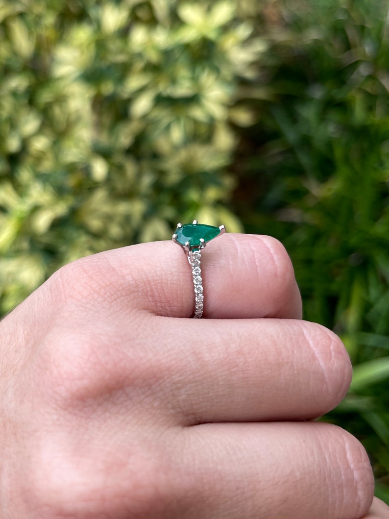 Celebrate Brilliance: 14K Gold Ring Featuring 1.08tcw Natural Dark Forest Green Emerald-Pear Cut & Pave Diamond