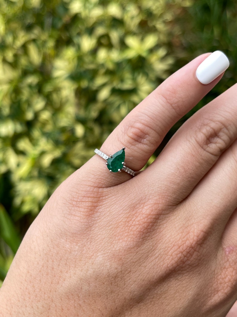 Chic and Sophisticated: Natural Dark Forest Green Emerald-Pear Cut & Pave Diamond 1.08tcw Engagement 5 Prong Ring in 14K Gold