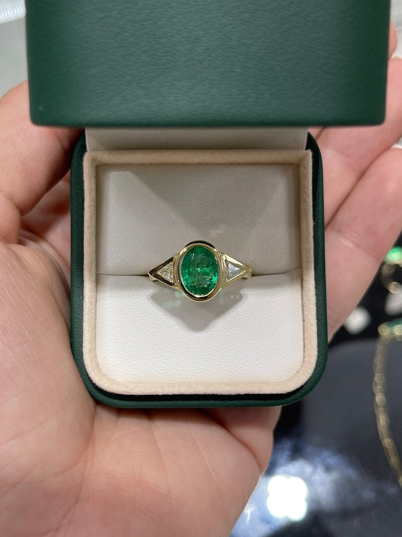 2.11tcw AAA+ 3 Stone Dark Oval Emerald & Trillion Cut Diamond Ring 18K - JR Colombian Emeralds