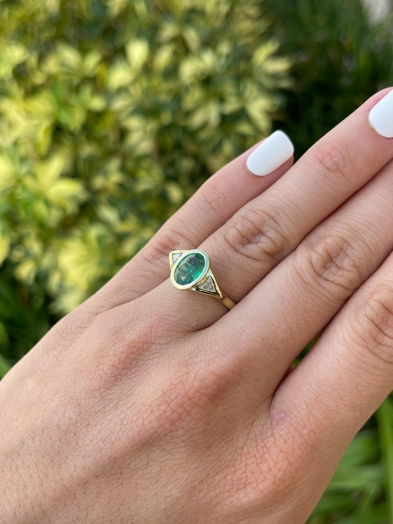 2.11tcw AAA+ 3 Stone Dark Oval Emerald & Trillion Cut Diamond Ring 18K - JR Colombian Emeralds