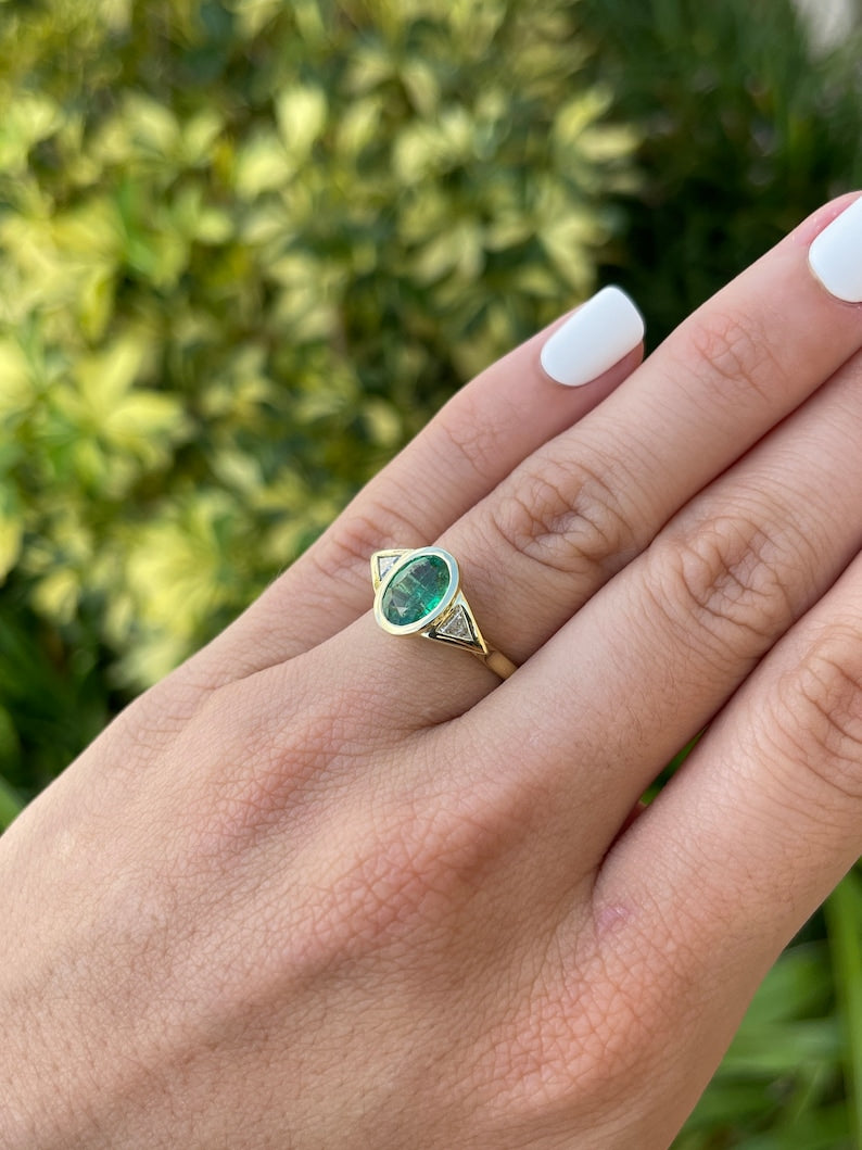 2.11tcw AAA+ 3 Stone Dark Oval Emerald & Trillion Cut Diamond Ring 18K