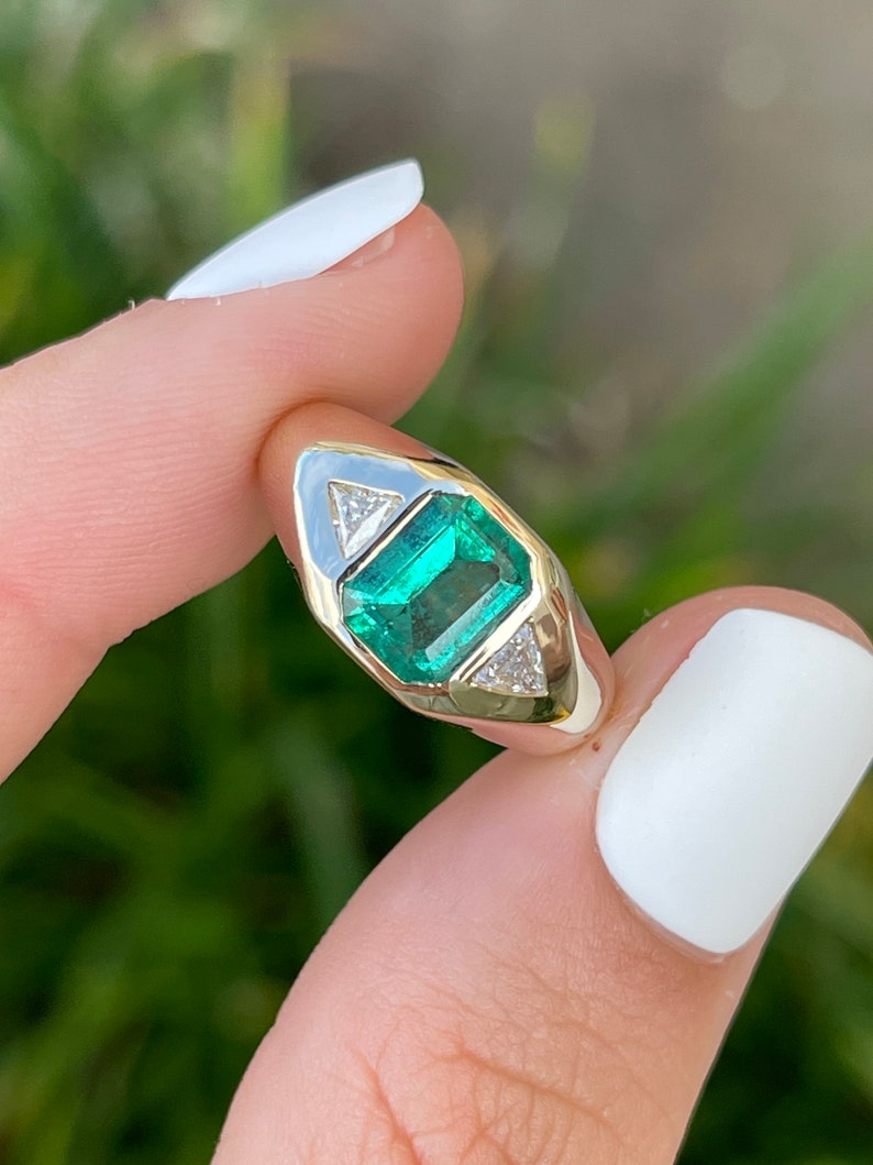 2.10tcw 14K Deep Blue Green 3 Stone Emerald & Trillion Cut Diamond Gypsy Signet Ring - JR Colombian Emeralds