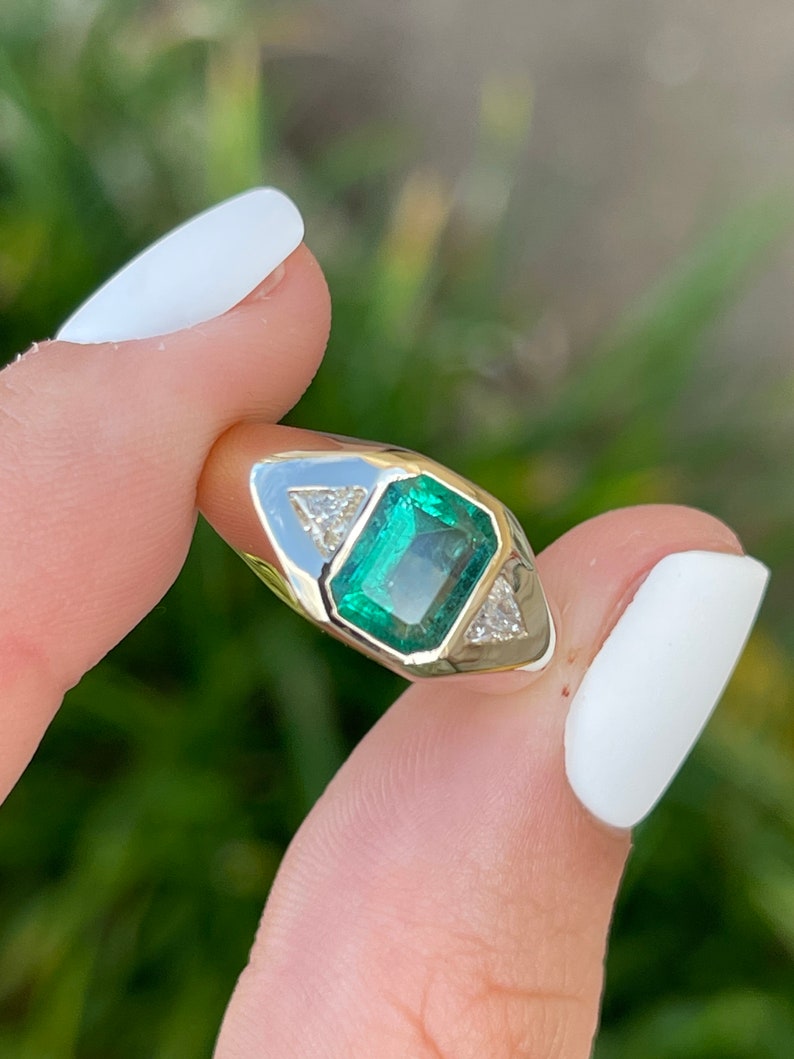 2.10tcw 14K Deep Blue Green 3 Stone Emerald & Trillion Cut Diamond Gypsy Signet Ring - JR Colombian Emeralds