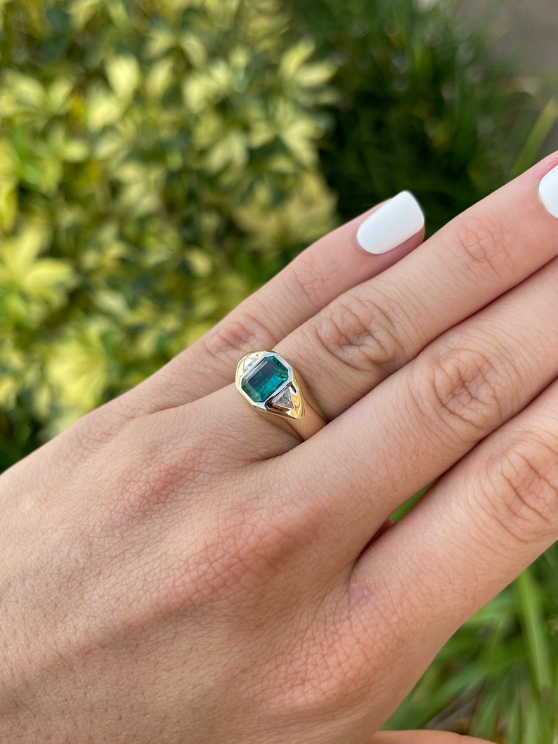 Emerald & Trillion Cut Diamond Gypsy Signet Ring