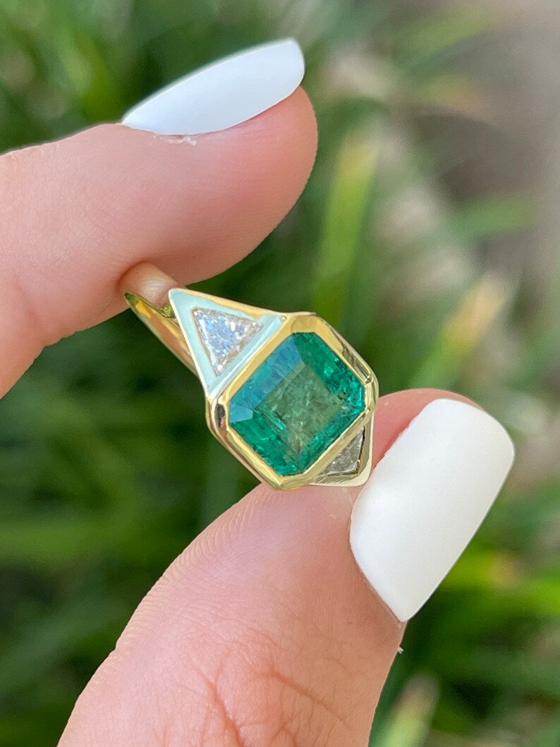 3.66tcw 18K High Quality 3 Stone Emerald & Trillion Cut Diamond Bezel Ring