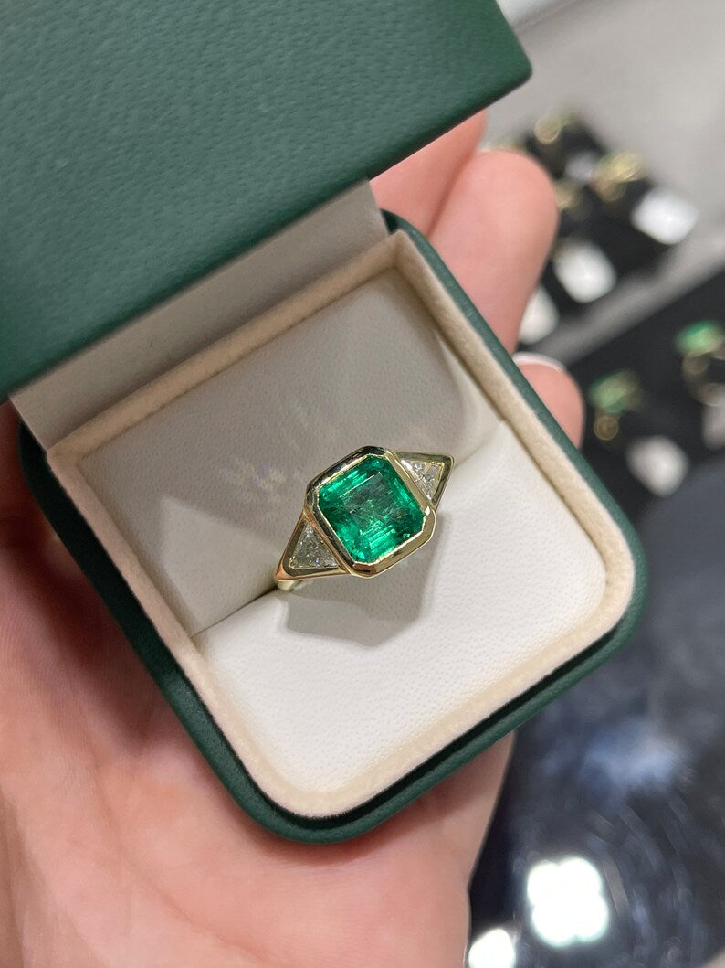 3.66tcw 18K High Quality 3 Stone Emerald & Trillion Cut Diamond Bezel Ring - JR Colombian Emeralds