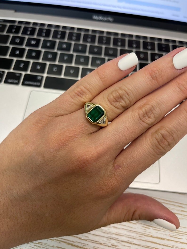 3.24tcw 18K AAA+ Three Stone Green Vertical Top Emerald & Trillion Cut Diamond Gypsy Ring