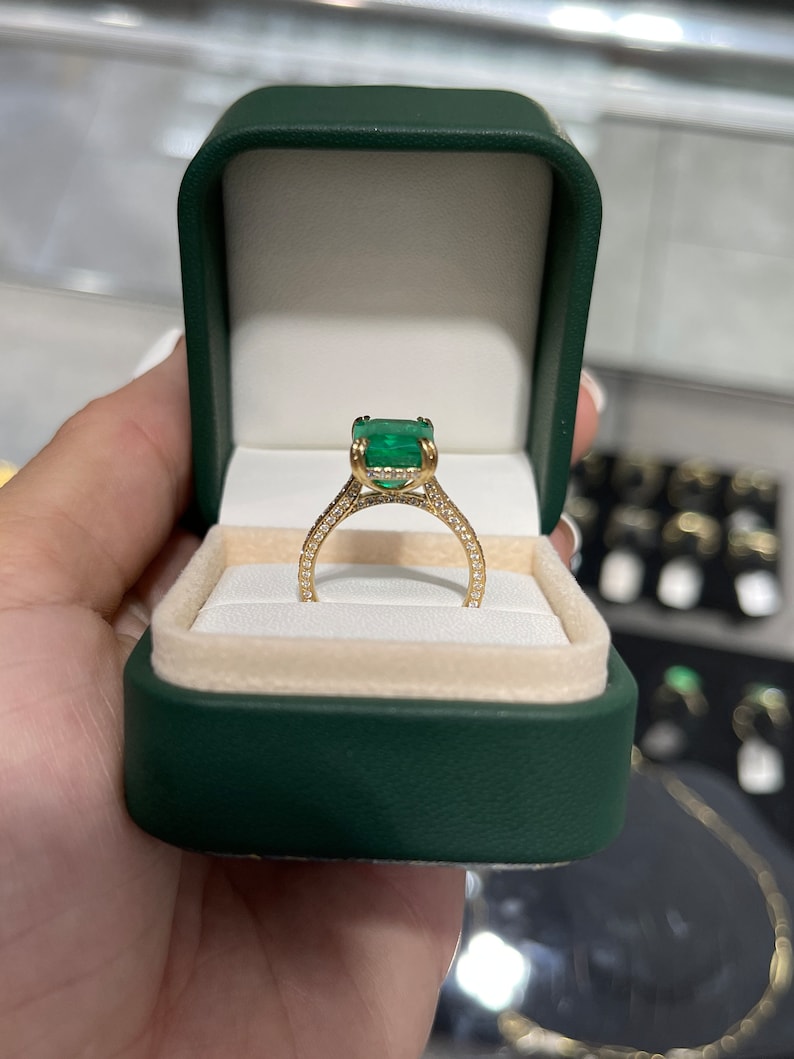 5.97tcw AAA Minor Oil 18K Top Green Emerald & Pave Round Diamond Gold Accents Engagement Ring - JR Colombian Emeralds