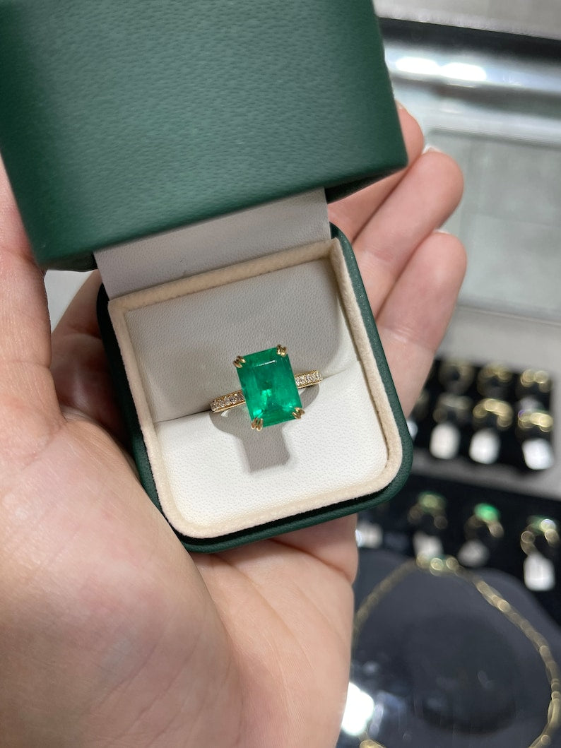 5.97tcw AAA Minor Oil 18K Top Green Emerald & Pave Round Diamond Gold Accents Engagement Ring - JR Colombian Emeralds