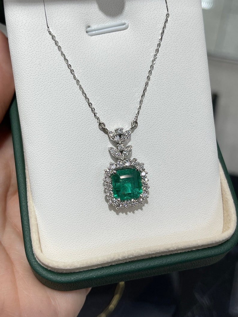 5.58tcw 18K Natural Bluish-Green Emerald-Asscher Cut & Diamond Halo White Gold Necklace - JR Colombian Emeralds