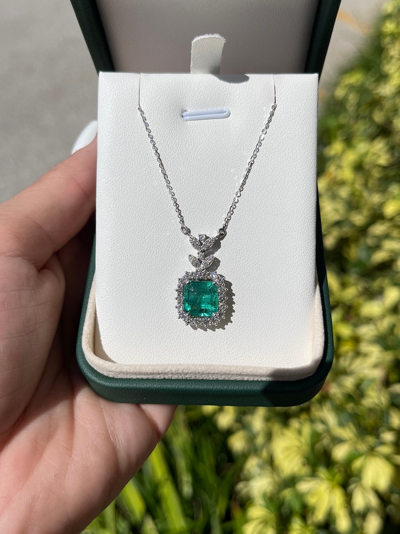5.58tcw 18K Natural Bluish-Green Emerald-Asscher Cut & Diamond Halo White Gold Necklace