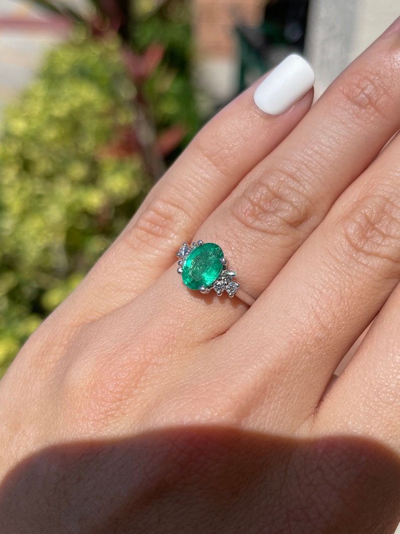 1.83tcw 14K Oval Cut 7 Stone Medium Dark Green Emerald Right Hand White Gold Engagement Ring - JR Colombian Emeralds