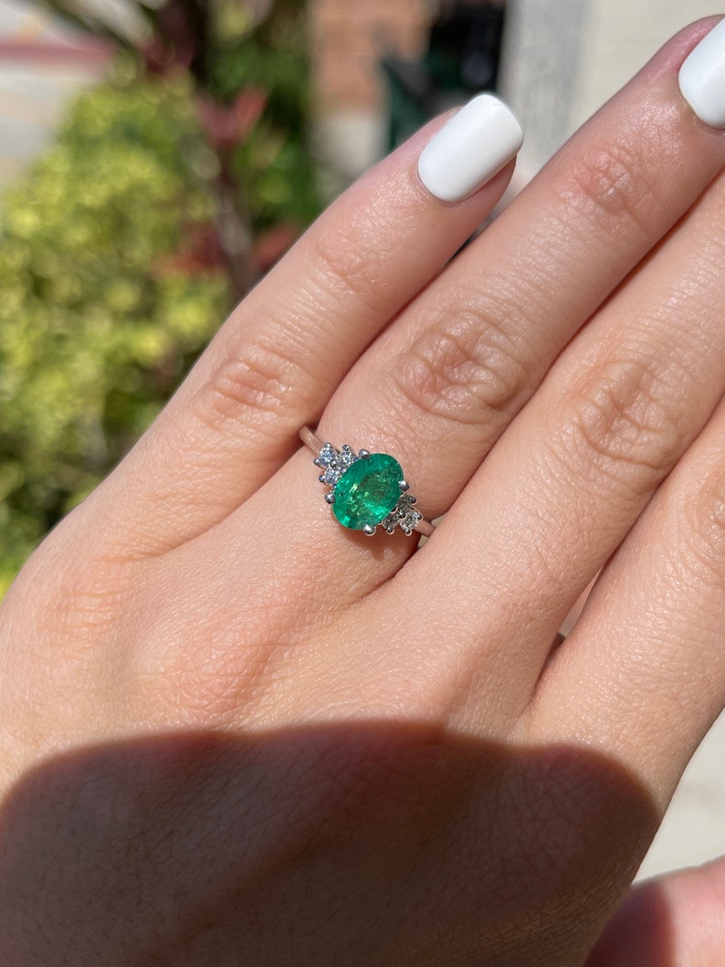 1.83tcw 14K Oval Cut 7 Stone Medium Dark Green Emerald Right Hand White Gold Engagement Ring