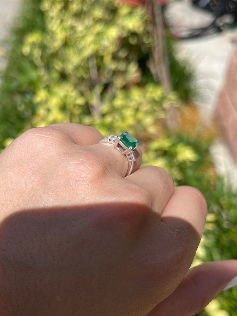 2.82tcw 14K 3 Stone Earth Mined Cushion Cut Blue Green Emerald & Diamond Baguette Engagement Ring - JR Colombian Emeralds