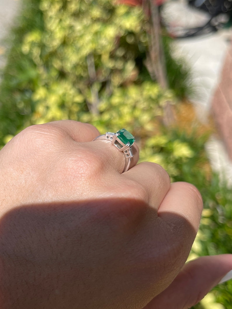 2.82tcw 14K 3 Stone Earth Mined Cushion Cut Blue Green Emerald & Diamond Baguette Engagement Ring