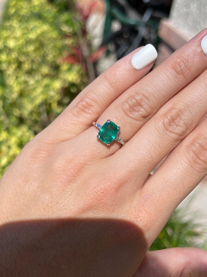 Blue Green Emerald Right Hand White Gold Ring 14K