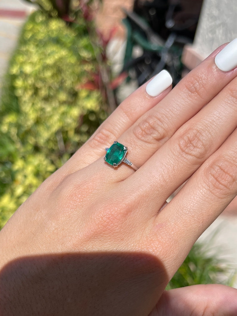 2.82tcw 14K 3 Stone Earth Mined Cushion Cut Blue Green Emerald & Diamond Baguette Engagement Ring - JR Colombian Emeralds