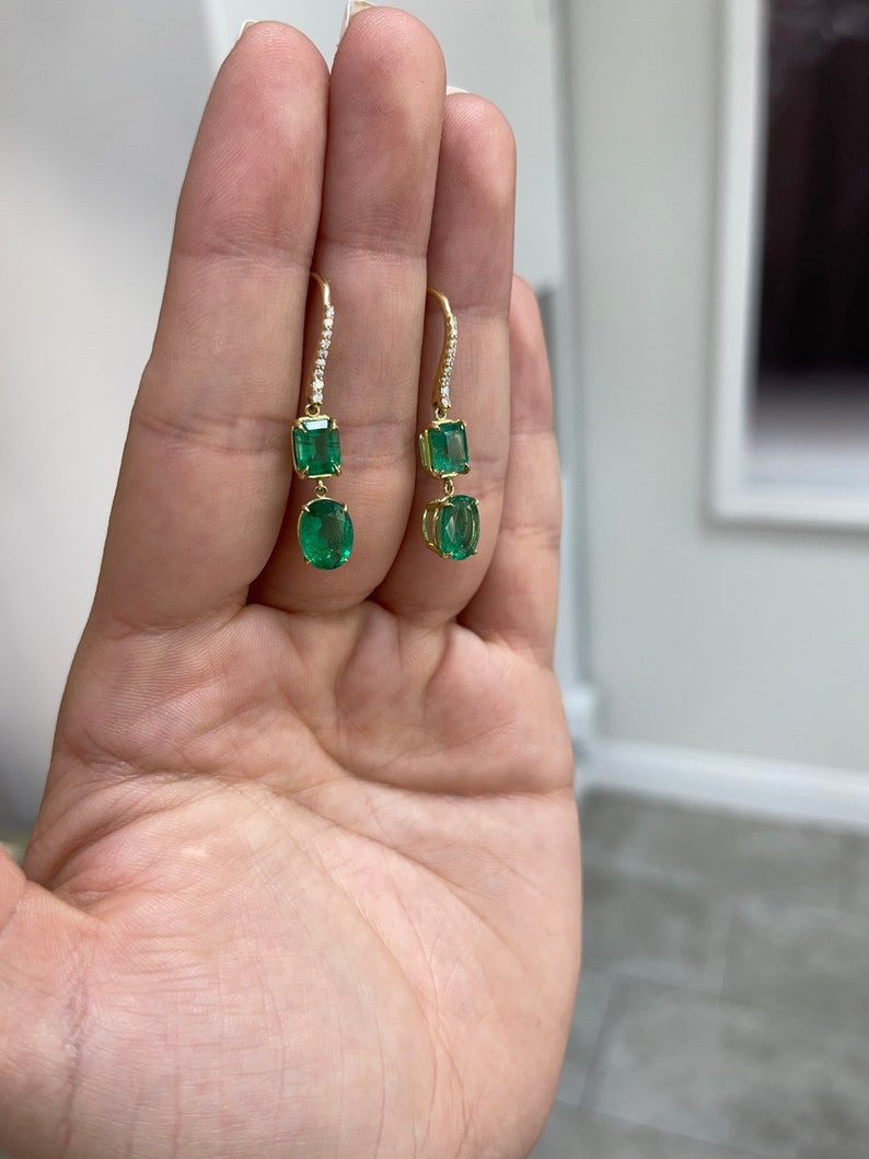 9.49tcw 18K Natural Fine Quality Dark Emerald Diamond Accents Dangle Earrings - JR Colombian Emeralds