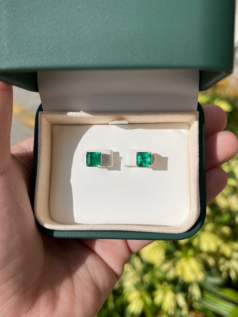 2.75tcw 14K Gold Vivid Dark Green Classic Square Emerald 4 Prong May Birthstone Studs Earrings - JR Colombian Emeralds