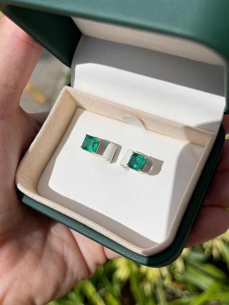 2.75tcw 14K Gold Vivid Dark Green Classic Square Emerald 4 Prong May Birthstone Studs Earrings - JR Colombian Emeralds