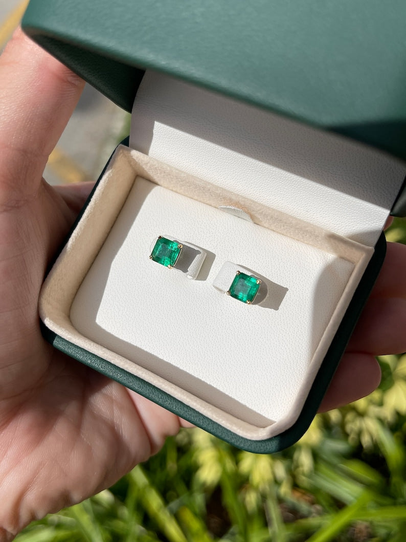 2.75tcw 14K Gold Vivid Dark Green Classic Square Emerald 4 Prong May Birthstone Studs Earrings - JR Colombian Emeralds