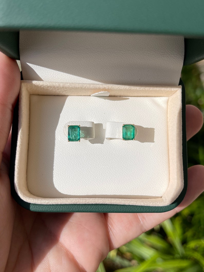 1.89tcw Natural Emerald Cut May Birthstone Stud Earrings 14K - JR Colombian Emeralds