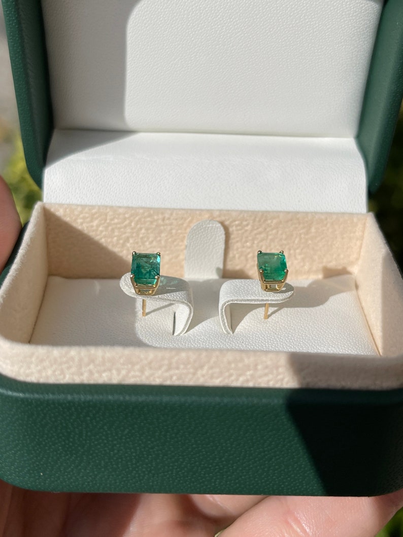 1.89tcw Natural Emerald Cut May Birthstone Stud Earrings 14K - JR Colombian Emeralds