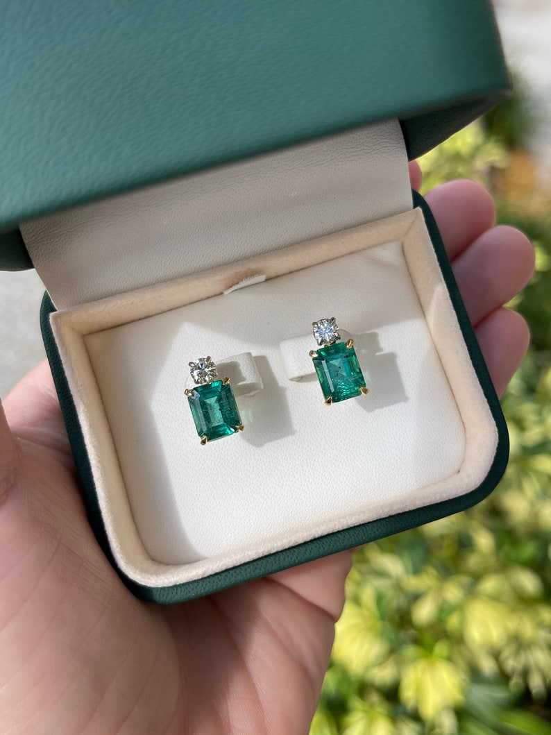 7.20tcw 18K AAA Natural Emerald-Cut & Round Diamond Vivid Sea Deep Bluish-Green Stud Two Toned Earrings - JR Colombian Emeralds