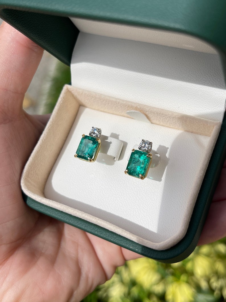 7.20tcw 18K AAA Natural Emerald-Cut & Round Diamond Vivid Sea Deep Bluish-Green Stud Two Toned Earrings - JR Colombian Emeralds