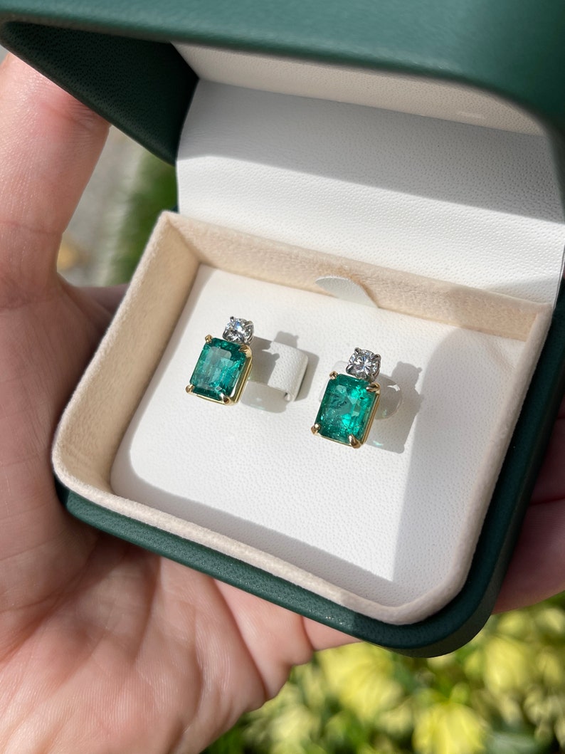 7.20tcw 18K AAA Natural Emerald-Cut & Round Diamond Vivid Sea Deep Bluish-Green Stud Two Toned Earrings