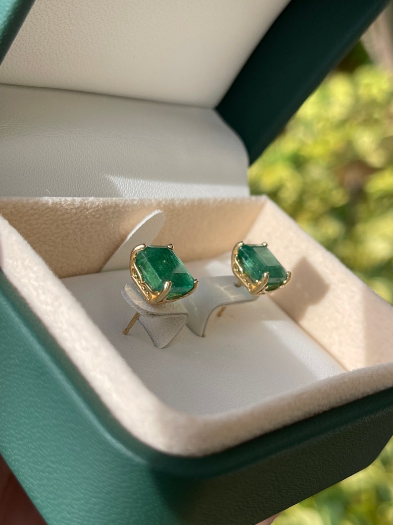 6.0tcw Big Asscher Cut Rich Green Classic Emerald Solitaire May Birthstone Earrings 14K - JR Colombian Emeralds