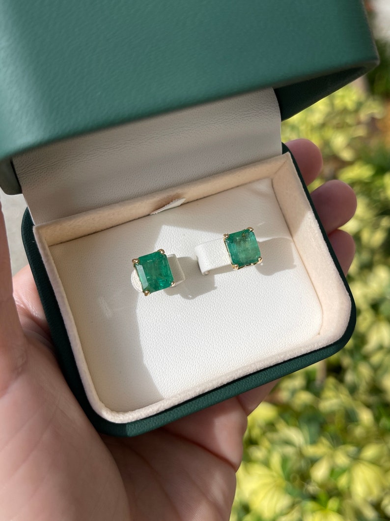 6.0tcw Big Asscher Cut Rich Green Classic Emerald Solitaire May Birthstone Earrings 14K - JR Colombian Emeralds