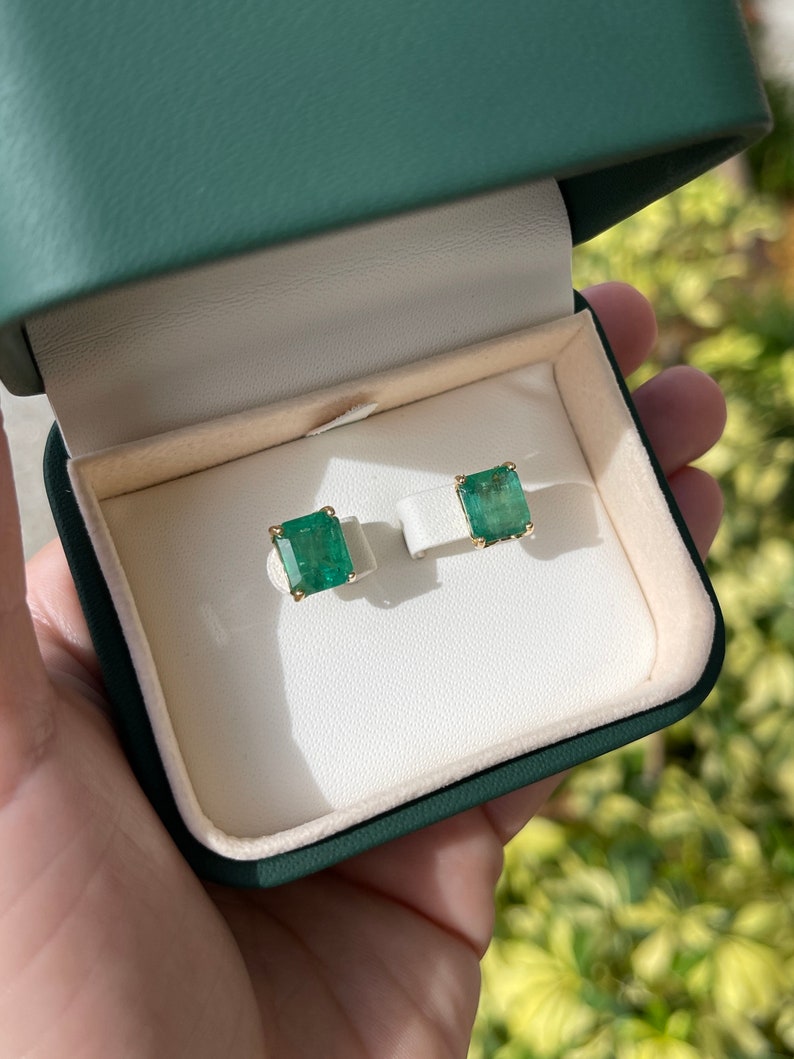 6.0tcw Big Asscher Cut Rich Green Classic Emerald Solitaire May Birthstone Earrings 14K