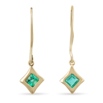 Emerald Asscher Cut Solitaire Dainty Solid Gold Dangle Earrings