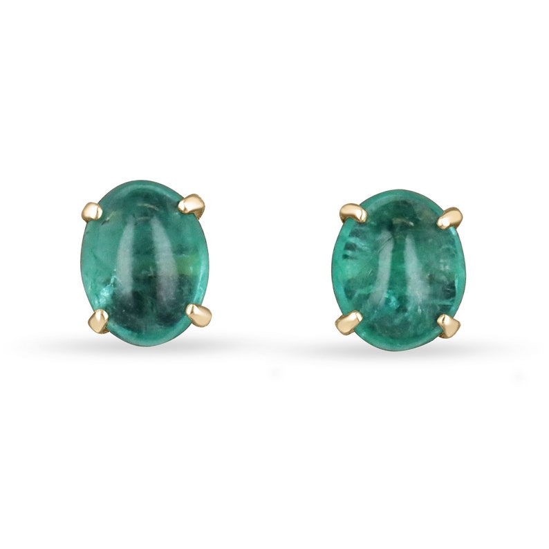 Cabochon Deep Bluish Green Natural Emerald Four Prong Solitaire Stud Earrings