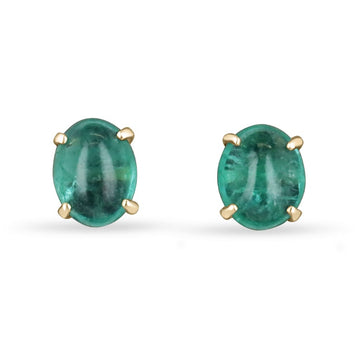 Cabochon Deep Bluish Green Natural Emerald Four Prong Solitaire Stud Earrings