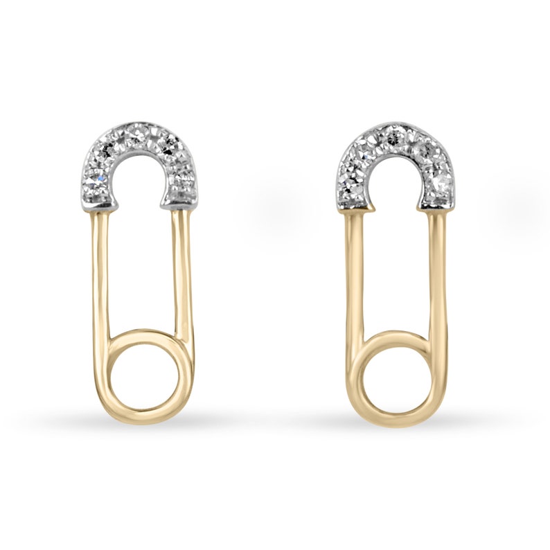 Diamond Accents Safety Pin Gold Paperclip Trendy Modern Earrings