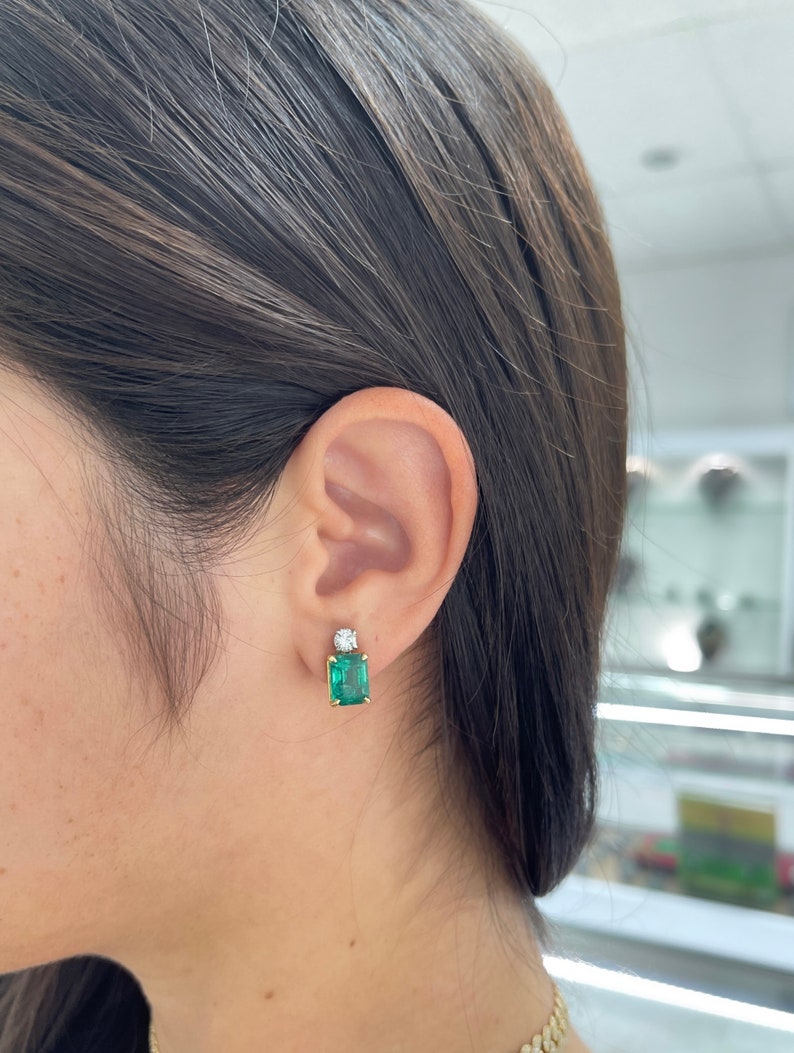 7.20tcw 18K AAA Natural Emerald-Cut & Round Diamond Vivid Sea Deep Bluish-Green Stud Two Toned Earrings - JR Colombian Emeralds