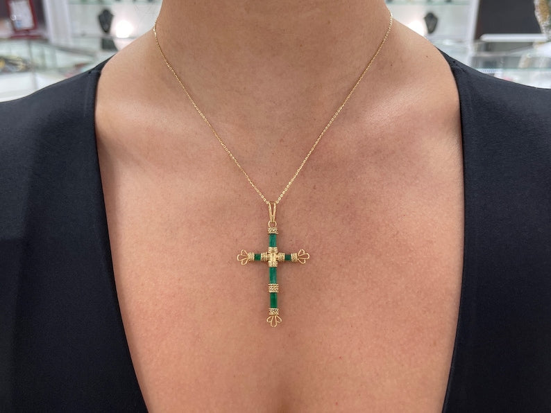 7.69tcw 18K Gold Rough Colombian Emerald Pendant Crystal Cross Pendant - JR Colombian Emeralds