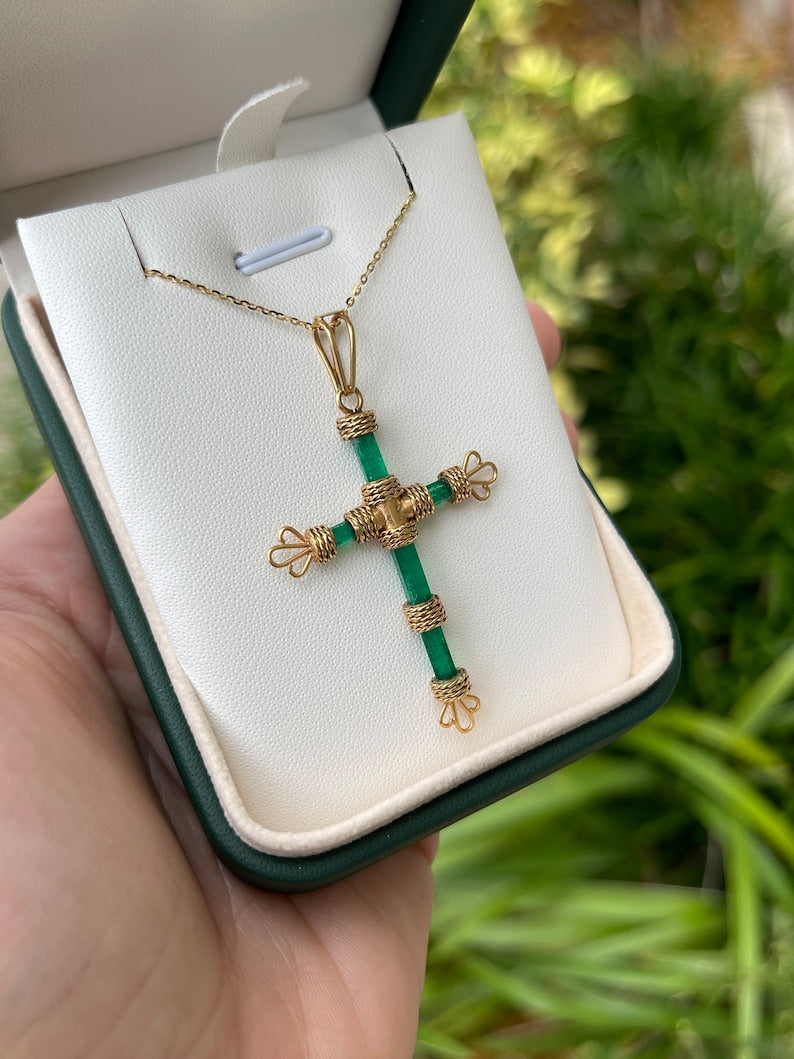 7.69tcw 18K Gold Rough Colombian Emerald Pendant Crystal Cross Pendant - JR Colombian Emeralds